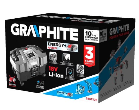 GRAPHITE Odkurzacz warsztatowy ENERGY+ 18V, LI-ION, 10 L, BEZ AKUM.
