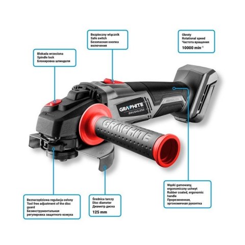 GRAPHITE Szlifierka kątowa bezszczotkowa akumulatorowa 125MM ENERGY+ 18V BEZ AKUMUL.