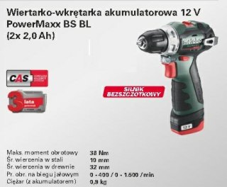 Metabo PowerMaxx BS BL bezszczotkowa Wiertarko-Wkrętarka 12V 38Nm 2x2.0Ah *