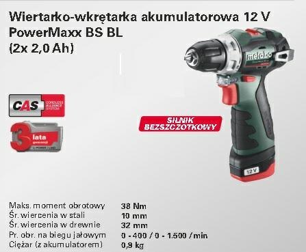 Metabo PowerMaxx BS BL bezszczotkowa Wiertarko-Wkrętarka 12V 38Nm 2x2.0Ah *