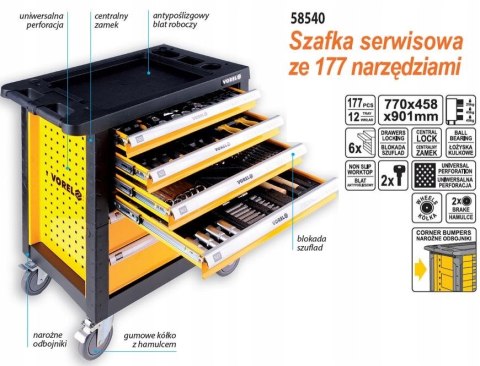 Szafka serwisowa VOREL 58540 - 6 szuflad z narzędziami, 177 elementów