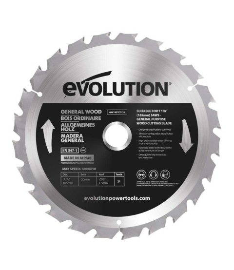 Piła widiowa TCT do cięcia drewna Evolution 185mm / 24z do pił ukośnych
