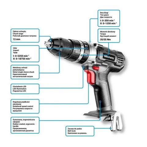GRAPHITE Wiertarko-Wkrętarka akumulatorowa Z UDAREM ENERGY+18V LI 13MM BEZ akumulatorowa