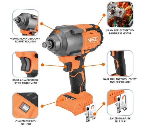 NEO Klucz udarowy bezszczotkowa 850NM 1/2' akumulatorowa ENERGY+18V,BEZ AKUM